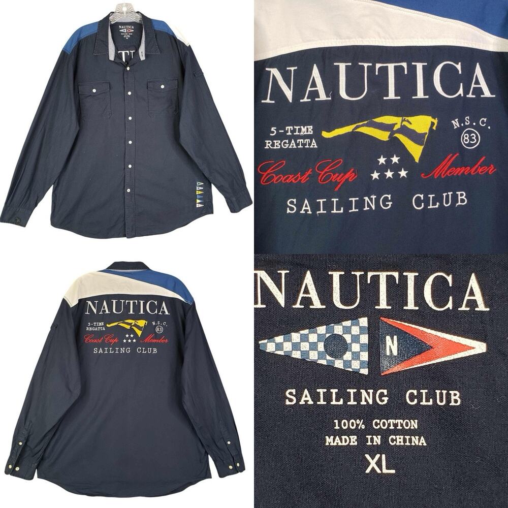 Nautica Shirt Men’s Size XL Blue Sailing Club LS Button Down Regatta Vintage